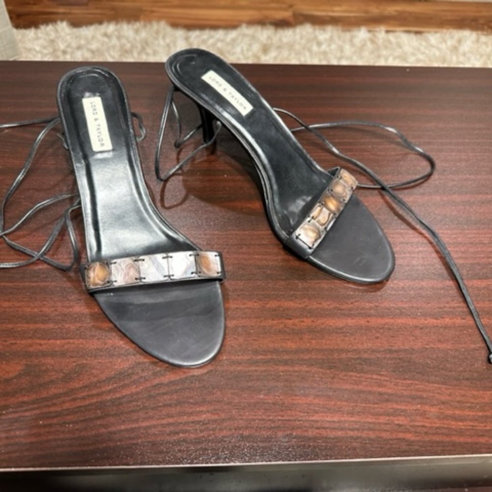 Size 9 1/2 Black Leather / Abalone Shell Ankle Tie Sandal Heels